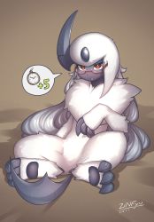Rule 34 | 1girl, absol, absurdres, animal hands, artist name, bespectacled, blush, brown background, claws, creatures (company), dated, feet, female focus, full body, furry, furry female, game freak, gen 3 pokemon, glasses, hand up, highres, horns, leaning back, long hair, nintendo, no pussy, open mouth, pocket watch, pointing, pokemon, pokemon (creature), pokemon rse, presenting, red-framed eyewear, red eyes, signature, simple background, single horn, sitting, solo, speech bubble, spread legs, tail, text focus, watch, white hair, zinfyu