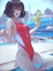 Rule 34 | 1girl, black eyes, black hair, breasts, competition swimsuit, highres, holding, holding water gun, kaoming, nanjou ao, navel, one-piece swimsuit, open mouth, original, poolside, red one-piece swimsuit, see-through, short hair, sitting, solo focus, swimsuit, teeth, water, water gun
