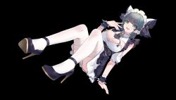 Rule 34 | 1girl, animal ears, apron, aqua hair, ass, azur lane, bare shoulders, black background, breasts, cat ears, cheshire (azur lane), cleavage, detached sleeves, dr.tj, dress, fake animal ears, frilled hairband, frills, full body, green eyes, grey hair, hairband, high heels, highres, large breasts, multicolored hair, panties, puffy short sleeves, puffy sleeves, purple apron, purple footwear, shoes, short sleeves, simple background, solo, streaked hair, thighhighs, two-tone hair, underwear, white dress, white panties, white thighhighs