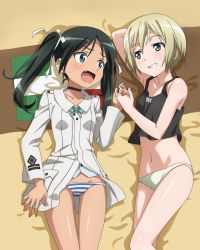Rule 34 | 2girls, bed, blonde hair, blue eyes, blush, erica hartmann, fang, francesca lucchini, green eyes, green hair, groin, hair ornament, hair ribbon, holding hands, multiple girls, navel, no pants, non-web source, panties, ribbon, strike witches, striped clothes, striped panties, tank top, twintails, underwear, white panties, world witches series, yuri