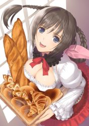 Rule 34 | 10s, 1girl, :d, baguette, basket, blush, bow, bowtie, braid, bread, breasts, brown hair, carrying, cleavage, croissant, downblouse, food, frilled sleeves, frills, from above, fur collar, fur trim, hair intakes, highres, indoors, large breasts, layered skirt, long hair, long sleeves, looking at viewer, looking up, neris (shining hearts), open mouth, red bow, red bowtie, red skirt, round teeth, shining (series), shining hearts, shining world, shirt, single braid, skirt, smile, solo, teeth, tony taka, twin braids, white shirt, window