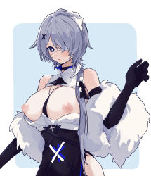 Rule 34 | 1girl, arknights, bare shoulders, black choker, black dress, black gloves, blue eyes, blush, border, breasts, choker, cleavage cutout, clothing cutout, coldcat., commentary request, dress, elbow gloves, eyepatch, feather boa, gloves, hair ornament, hand up, highres, large breasts, light blue background, medical eyepatch, nipples, official alternate costume, one eye covered, parted lips, puffy nipples, purple hair, short hair, sleeveless, sleeveless dress, solo, two-tone dress, upper body, whisperain (arknights), whisperain (tremble cold) (arknights), white border, white dress, x hair ornament