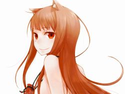Rule 34 | 1girl, animal ears, ayakura juu, back, breasts, brown hair, cropped, female focus, flat chest, highres, holo, long hair, looking back, non-web source, nude, official art, red eyes, smile, solo, spice and wolf, white background, wolf ears