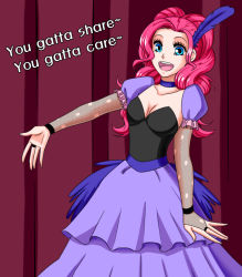 Rule 34 | 1girl, :d, apzzang, bad id, bad pixiv id, blue eyes, bridal gauntlets, choker, dress, english text, feathers, fishnets, long hair, music, my little pony, my little pony: friendship is magic, open mouth, outstretched hand, personification, pink hair, pinkie pie, singing, smile, solo