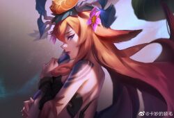 Rule 34 | 1girl, animal ears, antlers, bare shoulders, brown hair, closed mouth, colored skin, flower, from side, hair between eyes, hair flower, hair ornament, highres, horns, horse ears, kamiaodeyemao, league of legends, lillia (league of legends), long hair, looking at viewer, multicolored background, multicolored skin, official alternate costume, official alternate hairstyle, orange flower, outdoors, pink eyes, pink flower, pink lips, pink skin, profile, shan hai scrolls lillia, solo, tree