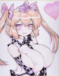 Rule 34 | 1girl, areola slip, bare shoulders, bow, breasts squeezed together, breasts, brown hair, covered erect nipples, female focus, hair bow, hat, himekaidou hatate, huge breasts, long hair, looking at viewer, okiraku nikku, open mouth, pointy ears, purple eyes, seductive smile, shikishi, smile, solo, tokin hat, touhou, traditional media, twintails