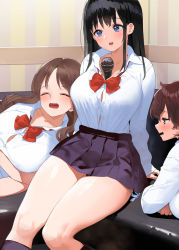Rule 34 | 3girls, between breasts, black hair, blue eyes, blush, bow, bowtie, breasts, brown hair, button gap, closed eyes, kaisen chuui, large breasts, long hair, long sleeves, microphone, multiple girls, open mouth, original, pleated skirt, purple skirt, red bow, red bowtie, shirt, sitting, skirt, smile, thick thighs, thighs, white shirt