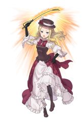 Rule 34 | 1girl, :o, black footwear, black gloves, blonde hair, blue eyes, boots, braid, brown hat, cross-laced footwear, crown braid, dress, elbow gloves, elizabeth cassandra austin, flower, frilled dress, frills, full body, gloves, hand up, hat, hat flower, hat ribbon, highres, jpeg artifacts, lace-up boots, long hair, looking at viewer, maroon dress, official art, princess principal, princess principal game of mission, ribbon, riding crop, skirt hold, standing, standing on one leg, transparent background