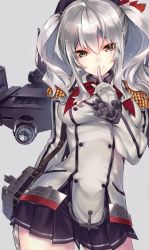 Rule 34 | 10s, 1girl, breasts, cowboy shot, epaulettes, finger to mouth, gloves, hario 4, kantai collection, kashima (kancolle), kerchief, long hair, looking at viewer, medium breasts, military, military uniform, silver hair, smile, solo, twintails, uniform, wavy hair