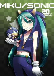 Rule 34 | 1girl, animal hood, anniversary, aqua eyes, aqua hair, breasts, caffein, cleavage, cosplay, crossover, gloves, hatsune miku, highres, hood, hoodie, in palm, navel, one eye closed, project diva (series), project diva extend, sega, smile, solo, sonic (series), sonic the hedgehog, sonic the hedgehog (cosplay), twintails, vocaloid, wink, yamaha