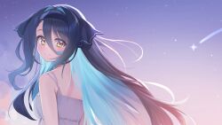 Rule 34 | 1girl, bare arms, bare shoulders, black hair, black hairband, blue hair, blue ribbon, blush, breasts, brown eyes, chobi (penguin paradise), closed mouth, cloud, commentary request, cropped, dress, floating hair, gangzi (vtuber), hair between eyes, hair ribbon, hairband, highres, long hair, looking at viewer, looking back, multicolored hair, outdoors, ribbon, shooting star, sky, sleeveless, sleeveless dress, small breasts, smile, solo, stellive, two-tone hair, upper body, very long hair, video thumbnail, virtual youtuber, white dress