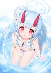 Rule 34 | 1girl, :o, bikini, blue archive, blunt bangs, blush, chise (blue archive), chise (swimsuit) (blue archive), commentary request, dot nose, flower, from above, full body, hair flower, hair ornament, halo, highres, horns, j2l, long hair, looking at viewer, looking up, navel, oni horns, parted lips, red eyes, red horns, sailor collar, see-through, shallow water, side ponytail, sidelocks, signature, sitting, sitting on water, solo, stomach, striped bikini, striped clothes, swimsuit, thighs, wariza, water, wet, white bikini, white flower, white sailor collar