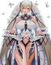 Rule 34 | 1girl, absurdly long hair, azur lane, bare shoulders, black choker, black neckerchief, black sailor collar, bow, breasts, bridal gauntlets, bug, butterfly, choker, clothes lift, clothing cutout, collarbone, commentary request, covered erect nipples, cowboy shot, dorian oishiiyo, dress, dress bow, dress lift, feather dress, formidable (azur lane), formidable (timeless classics) (azur lane), gluteal fold, grey hair, groin, hair between eyes, hair ornament, hair ribbon, head tilt, insect, large breasts, long hair, looking at viewer, navel, navel cutout, neckerchief, official alternate costume, parted lips, partial commentary, red eyes, ribbon, sailor collar, sidelocks, simple background, solo, standing, thigh gap, twintails, two-tone dress, two-tone ribbon, veil, very long hair, white background, white butterfly, white dress