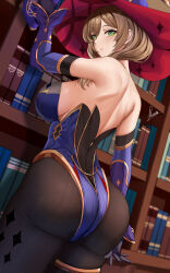 1girl artist_name ass bare_shoulders black_pantyhose blush book bookshelf breasts cosplay elbow_gloves genshin_impact gloves green_eyes hat highleg highleg_leotard highres holding huge_ass indoors large_breasts leotard light_brown_hair lips lisa_(genshin_impact) long_hair looking_at_viewer looking_back mona_(genshin_impact) mona_(genshin_impact)_(cosplay) nipples pantyhose parted_lips piukute062 shiny_skin sideboob signature solo strapless strapless_leotard thigh_strap witch_hat