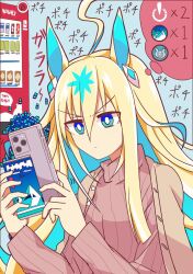 Rule 34 | 1girl, ahoge, alternate costume, animal ears, blonde hair, blue eyes, blue hair, brown jacket, cellphone, closed mouth, colored inner hair, commentary request, gradient hair, highres, holding, holding phone, horse ears, horse girl, jacket, jacket on shoulders, long hair, long sleeves, multicolored hair, neo universe (umamusume), open clothes, open jacket, outdoors, phone, pink sweater, smartphone, solo, streaked hair, sweater, thought bubble, umamusume, upper body, v-shaped eyebrows, vending machine, very long hair, wahiko (black bastard)