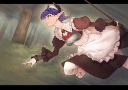 Rule 34 | 1girl, armor, blue hair, boobplate, braid, breastplate, brooch, brown eyes, fighting stance, forest, holding, holding weapon, horns, jewelry, kito (kito mozooo), letterboxed, long sleeves, maid, melciolla, nature, outdoors, pixiv fantasia, pixiv fantasia last saga, pointy ears, puffy long sleeves, puffy sleeves, running, short hair, solo, weapon
