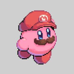 Rule 34 | blue eyes, commentary, cosplay, english commentary, fake facial hair, fake mustache, grey background, hat, kirby, kirby (series), looking at viewer, mario, mario (cosplay), mario (series), nintendo, no humans, pixel art, pixel pit, red hat, simple background, solo