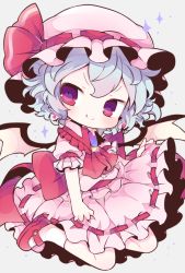 Rule 34 | &gt;:), 1girl, bad id, bad pixiv id, bat wings, blue hair, bow, chibi, ascot, earrings, fang, fang out, frilled shirt, frilled shirt collar, frilled skirt, frilled sleeves, frills, hat, hat ribbon, jewelry, ki (artist), kyou (nekoneko), large bow, looking at viewer, mary janes, mob cap, pink eyes, puffy short sleeves, puffy sleeves, purple eyes, red bow, red footwear, red ribbon, remilia scarlet, ribbon, ribbon-trimmed headwear, ribbon-trimmed skirt, ribbon trim, shirt, shoes, short hair, short sleeves, skirt, smile, socks, sparkle, touhou, v-shaped eyebrows, wings