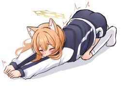 Rule 34 | 1girl, animal ear fluff, animal ears, ass, black jacket, black shorts, blue archive, blush, cat ears, cat girl, closed eyes, commentary, embarrassed, halo, highres, jacket, long hair, long sleeves, mari (blue archive), mari (track) (blue archive), miyai (myai04), orange hair, shorts, simple background, socks, solo, stretching, track jacket, twitching, white background, white socks, yellow halo