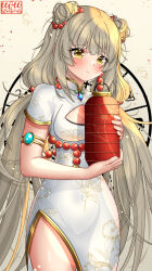 Rule 34 | 1girl, absurdres, blush, breasts, brown background, china dress, chinese clothes, chinese new year, cleavage cutout, closed mouth, clothing cutout, double bun, dress, eeveestrations, grey hair, hair bun, highres, holding, lantern, long hair, looking at viewer, medium breasts, nia (blade) (xenoblade), nia (xenoblade), paper lantern, short sleeves, side slit, smile, solo, very long hair, white dress, xenoblade chronicles (series), xenoblade chronicles 2, yellow eyes