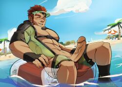 Rule 34 | 1boy, abs, akashi (live a hero), akashi (water bullet) (live a hero), bara, baseball cap, beach, bodysuit, daco choco, day, diving suit, erection, facial hair, framed pectorals, goatee, green bodysuit, green male swimwear, hat, highres, hip vent, innertube, large pectorals, live a hero, male focus, male swimwear, muscular, muscular male, official alternate costume, pectorals, penis, red eyes, red hair, red male swimwear, scar, scar on face, scar on nose, short hair, sky, smile, solo, swim briefs, swim ring, thick eyebrows, uncensored, water, wetsuit