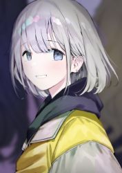 Rule 34 | 1girl, blue eyes, blurry, blurry background, bob cut, depth of field, earrings, from side, grey hair, grin, highres, hougu souji, idolmaster, idolmaster shiny colors, jewelry, looking at viewer, looking to the side, medium hair, serizawa asahi, smile, solo