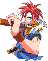 Rule 34 | 1boy, absurdres, artist name, blue eyes, blue tunic, brown wristband, chrono trigger, closed mouth, crono (chrono trigger), cropped torso, dated, headband, highres, holding, holding sword, holding weapon, looking at viewer, male focus, neckerchief, orange neckerchief, over shoulder, red hair, shikiwo, smile, solo, spiked hair, sword, toned, toned male, upper body, weapon, weapon over shoulder, white background, white headband