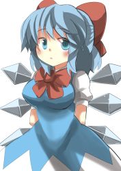 Rule 34 | 1girl, alternate breast size, arms behind back, blue dress, blue eyes, blue hair, blush, bow, breasts, cirno, dress, gaoo (frpjx283), hair bow, highres, large breasts, looking at viewer, matching hair/eyes, open mouth, short hair, simple background, solo, touhou, white background, wings