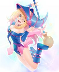 Rule 34 | 1girl, ;d, ass, blonde hair, blue eyes, blue footwear, boots, breasts, choker, cleavage, collarbone, dark magician girl, duel monster, full body, hair between eyes, helmet, highres, holding, holding staff, knee boots, large breasts, legs up, long hair, miniskirt, nyanmaru, one eye closed, open mouth, pink skirt, skirt, smile, solo, staff, white background, yu-gi-oh!