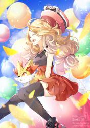 Rule 34 | 1girl, :d, balloon, blonde hair, breasts, closed eyes, cloud, collared shirt, commentary, creatures (company), day, eyelashes, fennekin, from side, game freak, gen 6 pokemon, hat, highres, knees together feet apart, long hair, low-tied long hair, medium breasts, nintendo, open mouth, outdoors, pink headwear, pleated skirt, pokemon, pokemon xy, serena (pokemon), shirt, shoes, skirt, sky, sleeveless, sleeveless shirt, smile, sunglasses, teeth, thighhighs, tongue, upper teeth only, watermark, white-framed eyewear, yomogi (black-elf)