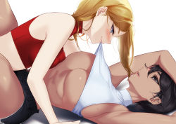 Rule 34 | 2girls, black eyes, black hair, black shorts, blonde hair, blue eyes, blueorca, breasts, closed mouth, dark-skinned female, dark skin, eye contact, highres, large breasts, long hair, looking at another, mole, mole on breast, mouth hold, multiple girls, original, red shirt, shirt, shorts, simple background, smile, white background, white shirt