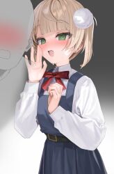 Rule 34 | 1boy, 1girl, aged down, blonde hair, blue dress, blunt bangs, blush, bow, bowtie, collared shirt, commentary, dress, green eyes, hair ornament, highres, indie virtual youtuber, kanzarin, long sleeves, looking at another, open mouth, pinafore dress, pleated dress, pom pom (clothes), pom pom hair ornament, red bow, red bowtie, school uniform, shigure ui (vtuber), shigure ui (vtuber) (young), shirt, short hair, sleeveless, sleeveless dress, sweat, virtual youtuber, white shirt