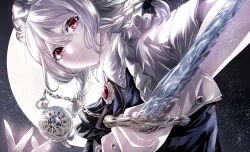 Rule 34 | 1girl, arms up, ascot, black ascot, blue vest, braid, brooch, commentary request, full moon, hair between eyes, holding, holding knife, izayoi sakuya, jan (lightdragoon), jewelry, knife, leaning to the side, light frown, light particles, limited palette, looking at viewer, maid headdress, moon, pocket watch, puffy short sleeves, puffy sleeves, red eyes, reverse grip, roman numeral, shirt, short hair, short sleeves, silver hair, solo, touhou, twin braids, upper body, vest, watch, white shirt, wrist cuffs