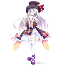 Rule 34 | 1girl, arch bishop (ragnarok online), black footwear, black hat, blue eyes, bow, closed mouth, commentary request, cross, dress, dress bow, frilled dress, frilled sleeves, frills, frown, full body, gold trim, hair between eyes, hat, heterochromia, holding, holding skull, long hair, looking at viewer, official alternate costume, ragnarok online, red eyes, shoes, simple background, skull, solo, tanono, thighhighs, top hat, two-tone dress, white background, white dress, white hair, white thighhighs, yellow bow