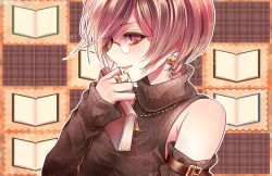 Rule 34 | 1girl, alternate costume, bare shoulders, belt, book, brown eyes, brown hair, brown theme, detached sleeves, earrings, eyelashes, glasses, highres, jewelry, meiko (vocaloid), necklace, ring, short hair, smile, solo, sweater, turtleneck, vocaloid