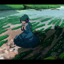 Rule 34 | 1girl, female focus, hair bobbles, hair ornament, kawashiro nitori, kneeling, letterboxed, partially submerged, scenery, shade, sitting, smile, solo, takuzui, touhou, twintails, water