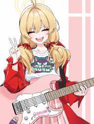 Rule 34 | 1girl, :d, ahoge, blonde hair, blue archive, cain (gunnermul), closed eyes, electric guitar, facing viewer, guitar, hair between eyes, hair over shoulder, hair ribbon, halo, highres, instrument, jacket, long hair, long sleeves, official alternate costume, official alternate hairstyle, open clothes, open jacket, open mouth, pink skirt, pleated skirt, red jacket, red ribbon, ribbon, round teeth, shirt, skirt, smile, solo, sweat, teeth, tress ribbon, upper teeth only, v, white shirt, yellow halo, yoshimi (blue archive)