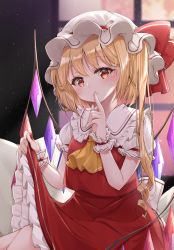 Rule 34 | 1girl, ascot, blonde hair, clothes lift, collared shirt, commentary request, finger to mouth, flandre scarlet, frilled shirt collar, frills, haruki (colorful macaron), hat, hat ribbon, highres, index finger raised, lifting own clothes, mob cap, one side up, orange eyes, petticoat, red ribbon, red shirt, red skirt, ribbon, shirt, short sleeves, shushing, skirt, skirt lift, skirt set, solo, touhou, white hat, wings, wrist cuffs, yellow ascot
