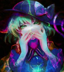 Rule 34 | 1girl, bow, bowtie, covering own mouth, crying, crying with eyes open, green eyes, green hair, hands up, hat, hat bow, highres, komeiji koishi, kyogoku-uru, looking at viewer, nail polish, purple bow, purple bowtie, solo, tears, touhou, upper body, yellow nails