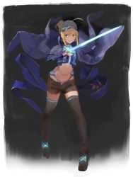 Rule 34 | 1girl, ahoge, artoria pendragon (all), artoria pendragon (fate), attall, baseball cap, fate/grand order, fate (series), fingerless gloves, gloves, glowing, hat, highres, midriff, mysterious heroine x (fate), mysterious heroine x (third ascension) (fate), nanbo ataru (attall), navel, ponytail, rojiura satsuki : chapter heroine sanctuary, saber (fate), short shorts, shorts, solo, sword, thighhighs, weapon
