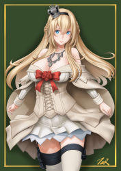 Rule 34 | 1girl, artist name, black hairband, blonde hair, blue eyes, braid, commentary request, cowboy shot, crown, dress, flower, french braid, garter straps, green background, hairband, highres, kantai collection, long hair, long sleeves, looking at viewer, mini crown, off-shoulder dress, off shoulder, red flower, red ribbon, red rose, ribbon, rose, smile, solo, standing, t2r, thighhighs, warspite (kancolle), white dress, white thighhighs