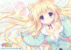 Rule 34 | 1girl, artist name, blonde hair, blush, breasts, cardigan, cleavage, collarbone, collared shirt, commentary request, flower, green sweater, long hair, long sleeves, looking at viewer, lying, medium breasts, neck ribbon, off shoulder, on back, open cardigan, open clothes, original, parted lips, pinching sleeves, pink ribbon, polka dot, polka dot ribbon, purple eyes, red ribbon, ribbon, shirt, sleeves past wrists, solo, sweater, tsukishima yuuko, very long hair, watermark, web address, white shirt