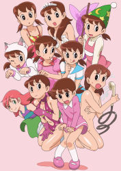 Rule 34 | 6+girls, :o, :q, ;d, android, animal ears, bad id, bad pixiv id, bikini, black eyes, blush, cat ears, clothed female nude female, covering privates, covering breasts, cutie honey, daichouhen doraemon, doraemon, doraemon: nobita no makai daibouken, doraemon: nobita to tetsujin heidan, doraemon: shin nobita to tetsujin heidan: habatake tenshi tachi, dress, embarrassed, fake animal ears, flat chest, gem, green eyes, hat, highres, kneehighs, kneeling, leotard, line9, long hair, looking at viewer, mermaid, mermaid costume, minamoto shizuka, monster girl, multiple girls, multiple persona, nude, odd one out, one eye closed, open mouth, parody, pearl (gemstone), pigeon-toed, pink background, pink hair, riruru, robot, seashell, shell, shell bikini, short dress, short hair, short twintails, shower head, smile, socks, standing, swimsuit, tongue, tongue out, twintails, wink, witch hat, wizard hat