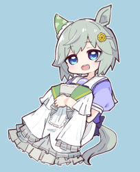 Rule 34 | 1girl, :d, animal ears, blue background, blue eyes, blush, commentary request, flower, green sailor collar, grey hair, hair flower, hair ornament, hairclip, highres, holding, holding clothes, holding shirt, horse ears, horse girl, horse tail, long sleeves, looking at viewer, nozo (hitomiz), open mouth, pleated skirt, puffy short sleeves, puffy sleeves, purple shirt, sailor collar, school uniform, seiun sky (umamusume), shirt, unworn shirt, short sleeves, simple background, skirt, smile, solo, tail, teeth, tracen school uniform, umamusume, upper teeth only, white shirt, white skirt, yellow flower