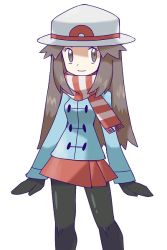 Rule 34 | 00s, 1girl, alternate costume, black pantyhose, brown eyes, brown hair, coat, creatures (company), dadadanoda, game freak, hat, jacket, leaf (pokemon), long hair, mittens, nintendo, official style, pantyhose, patterned scarf, pokemon, pokemon frlg, porkpie hat, scarf, skirt, solo, standing, striped clothes, striped scarf, winter clothes