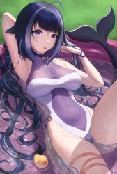 Rule 34 | 1girl, :p, absurdres, arm up, armpits, breasts, cetacean tail, cleavage, covered navel, fins, fish tail, highleg, highleg swimsuit, highres, indie virtual youtuber, large breasts, long hair, looking at viewer, matsushimayuusa, one-piece swimsuit, partially submerged, pool, purple eyes, purple one-piece swimsuit, rubber duck, see-through, see-through cleavage, see-through one-piece swimsuit, shylily, shylily (3rd costume), smile, solo, swimsuit, tail, thighs, tongue, tongue out, virtual youtuber, water, whale girl