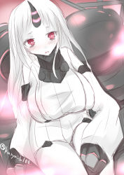 Rule 34 | 10s, 1girl, abyssal ship, blush, breasts, detached sleeves, dress, horns, kantai collection, kuriyuzu kuryuu, large breasts, long hair, open mouth, pale skin, red eyes, ribbed dress, ribbed sweater, seaport princess, short dress, single horn, solo, sweater, sweater dress, thighs, white hair