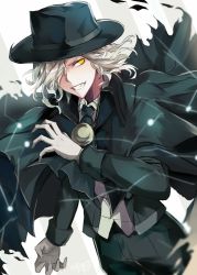 Rule 34 | 1boy, :3, artist name, bad id, bad twitter id, black hat, black pants, claws, cloak, dutch angle, edmond dantes (fate), fate/grand order, fate (series), fedora, gloves, grin, hair over one eye, hat, highres, jacket, long sleeves, male focus, open clothes, open jacket, pants, parted lips, signature, silver hair, smile, solo, takehana note, teeth, wavy hair, white gloves, yellow eyes