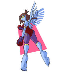 Rule 34 | 1girl, :&gt;, artist request, ass, blue skin, boxing gloves, breasts, brown hair, colored skin, d-reaper, d-reaper adr-01, digimon, digimon tamers, fang, fangs, fingernails, full body, grin, highleg, highleg leotard, highres, huge ass, leotard, looking at viewer, looking back, monster girl, muscular, muscular female, no humans, red leotard, shiny clothes, shiny skin, side ponytail, skin fang, smile, wings, yellow eyes