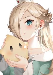 Rule 34 | 1girl, bad id, bad twitter id, blonde hair, blue eyes, blush, crown, earrings, hair over one eye, highres, holding, jewelry, long hair, long sleeves, looking at viewer, luma (mario), mario (series), nintendo, rosalina, ryota (ry o ta), signature, simple background, smile, solo, star (symbol), star earrings, super mario galaxy, upper body, white background